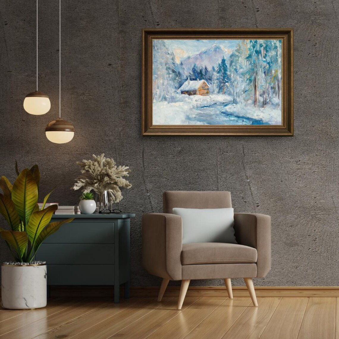 Winter Cabin By The Stream, Rustic Winter Landscape