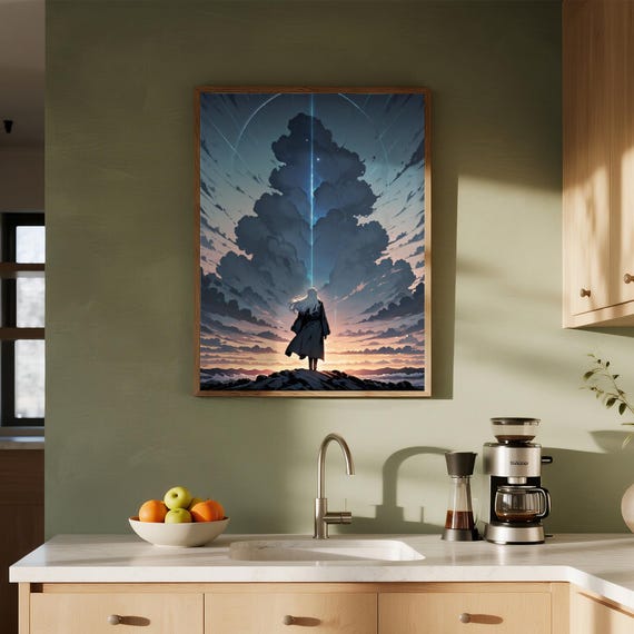 Stargazers Ascent Fantasy Art Print Mystical Journey Decor Cosmic Horizon Wall Lone Figure Poster Ethereal Sky Scene