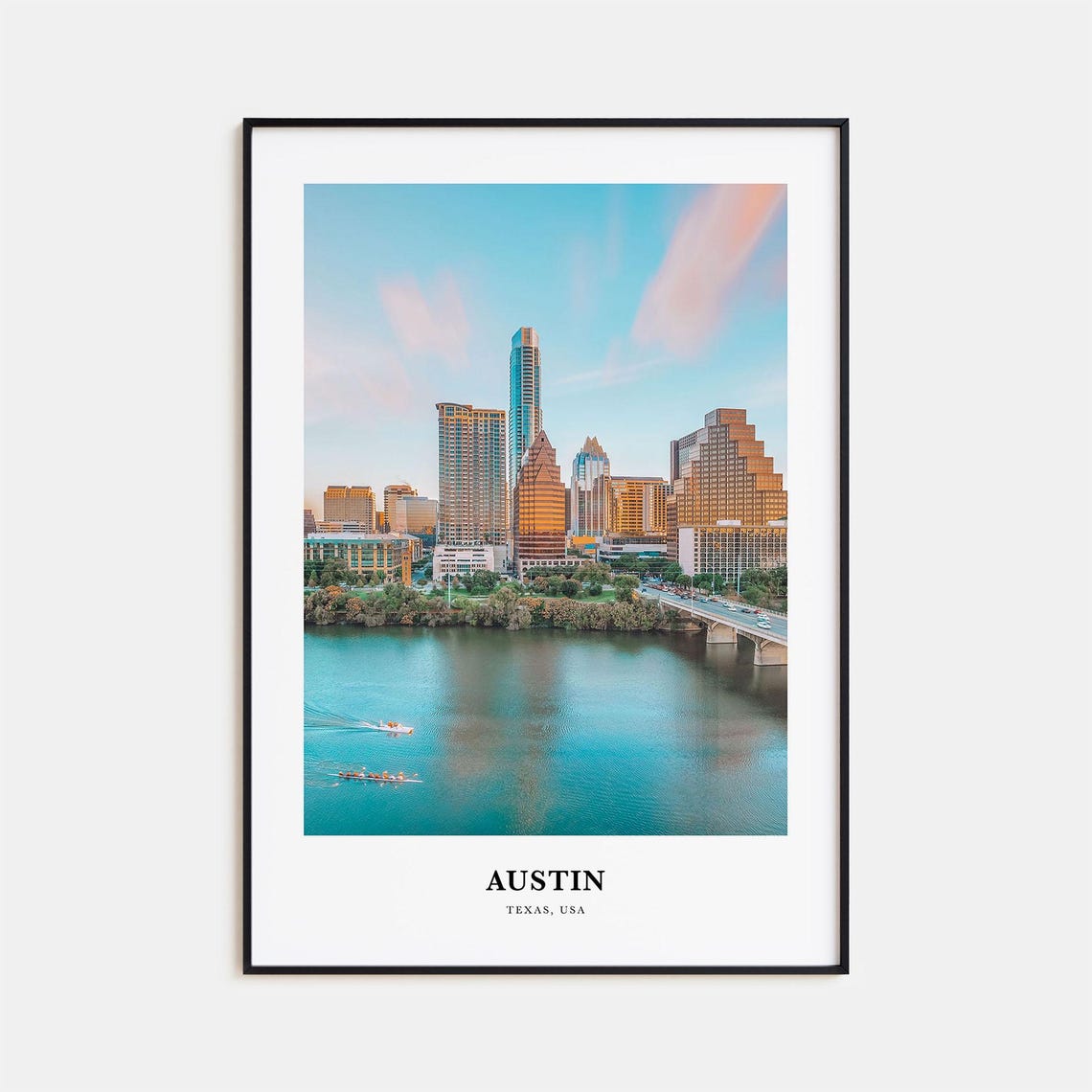 Austin Texas Skyline Over the River at Sunset Cityscape Poster
