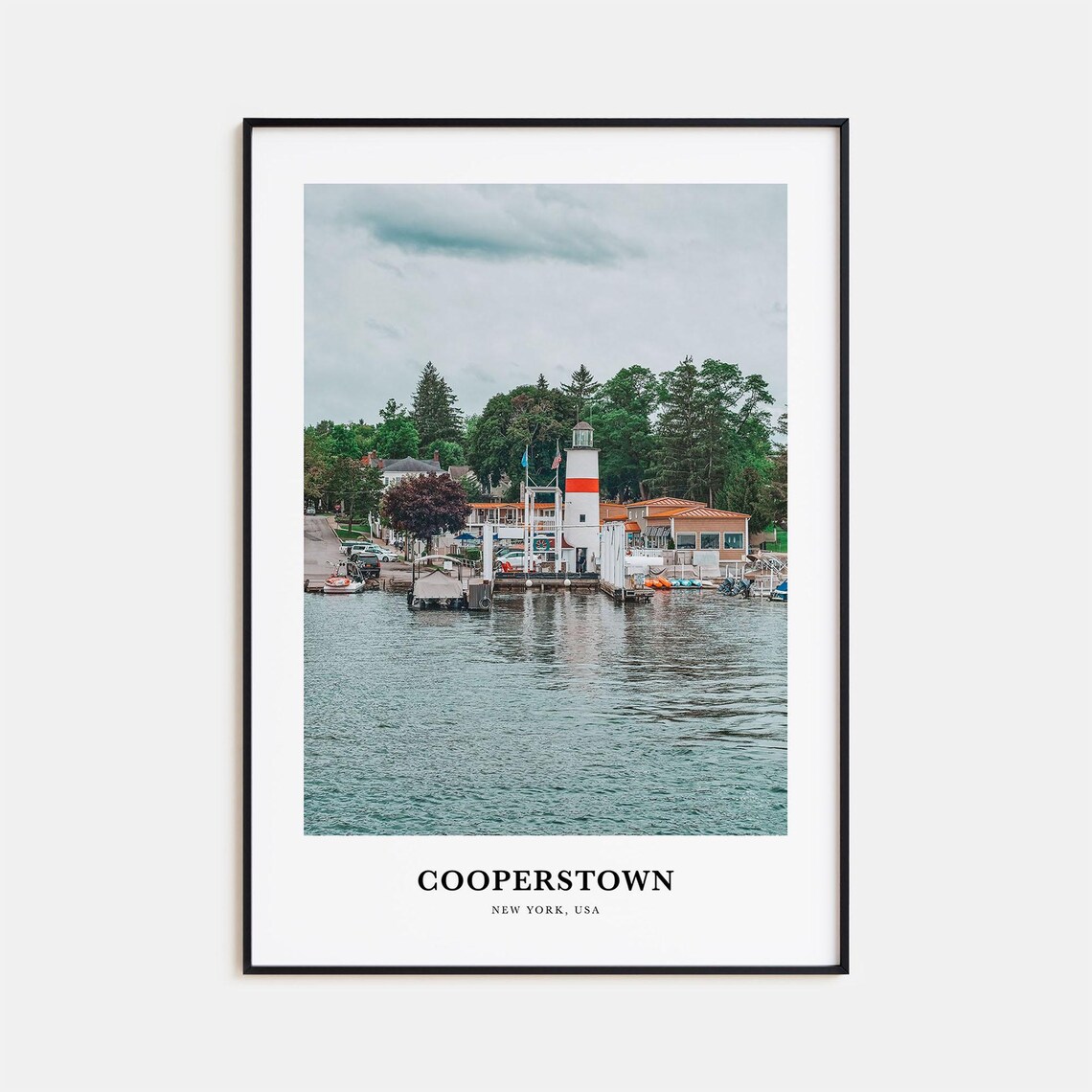 Cooperstown New York Waterfront Lighthouse and Lake View Travel Poster