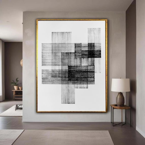 Modern Black And White Abstract Canvas Geometric Lines Wall Art Minimalist Home Decor Contemporary Print Gift