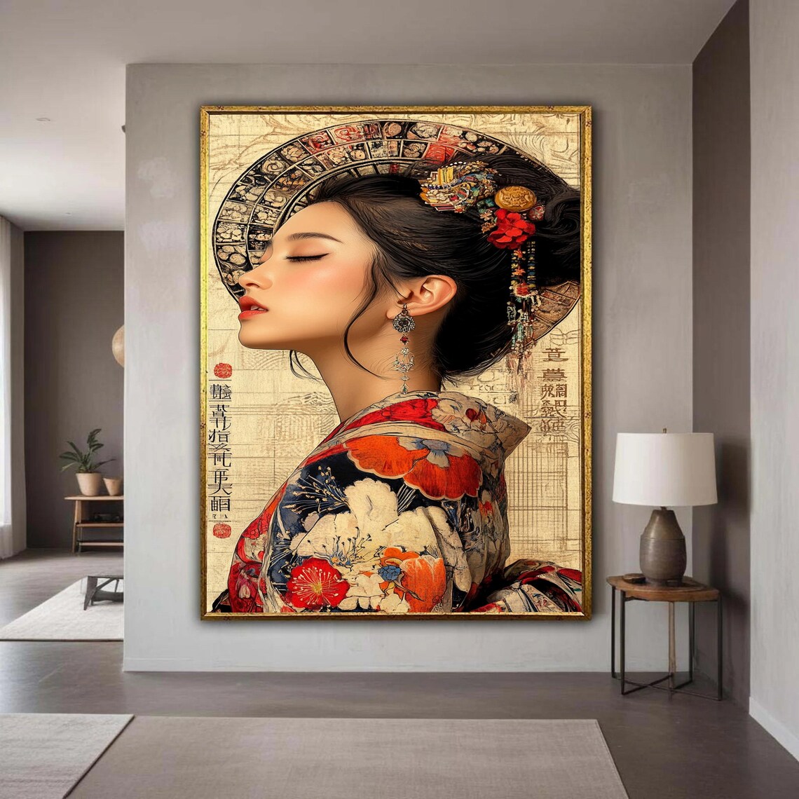 Japanese Geisha Kimono Portrait Traditional Oriental Woman Wall Art