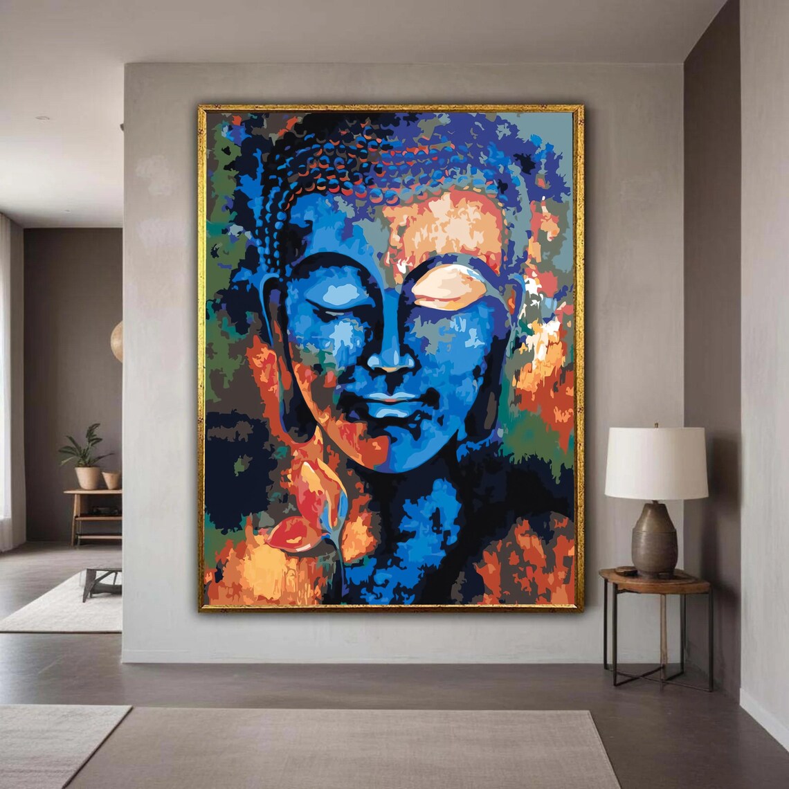 Abstract Blue Buddha Face Pop Art Style Modern Zen Painting Poster