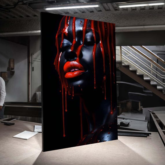 Afro Woman Ethnic Art Intense Red Passion Erotic Dripping Black And Sensual Portrait Bold Modern Canvas Sexy Wall