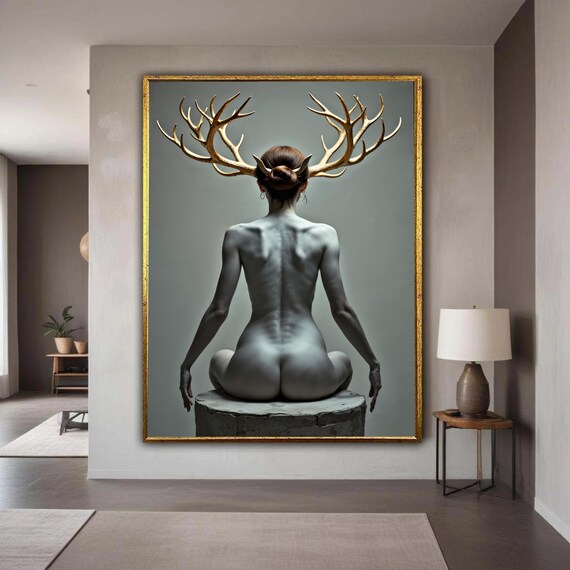 Elegant Nude Figure With Golden Antlers Surreal Artistic Canvas Wall Art Fantasy Portrait Home Decor Contemporary Gift