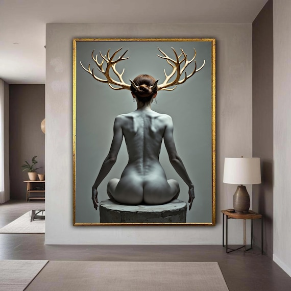 Nude Figure Golden Stag Antlers Surreal Fantasy Portrait Poster