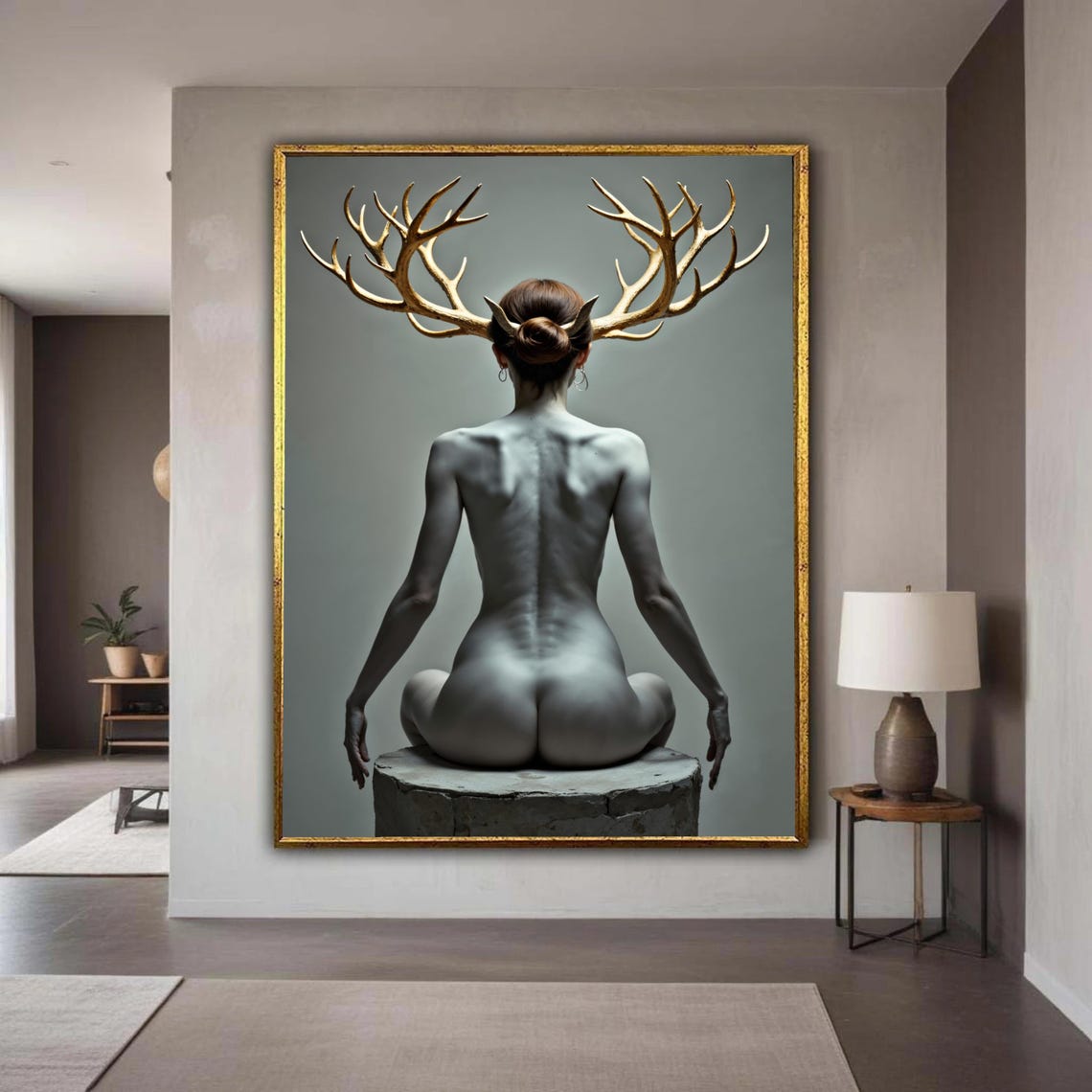Nude Figure Golden Stag Antlers Surreal Fantasy Portrait Poster
