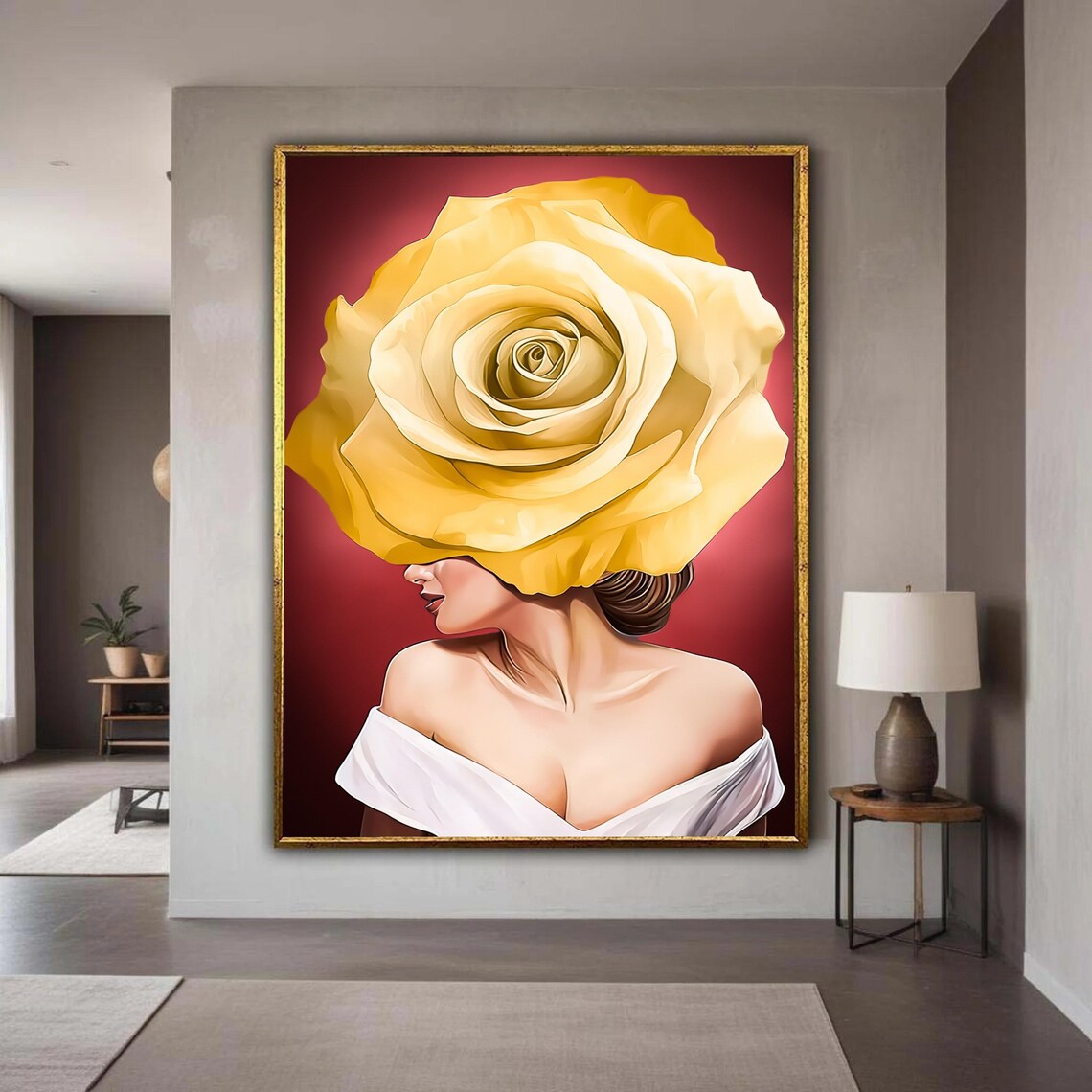 Woman With Giant Yellow Rose Surreal Floral Portrait Art Print