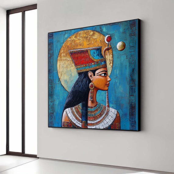 Egyptian Goddess Hathor Canvas Print Ancient Egypt Mythology Art Divine Feminine Wall Decor Blue Gold Sun Disk Painting Style