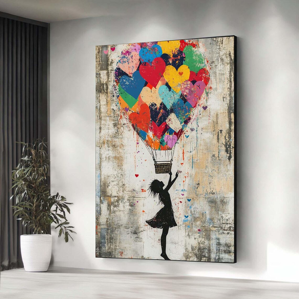 Girl Releasing Heart Balloons Up Wall Street Art Style Love Poster