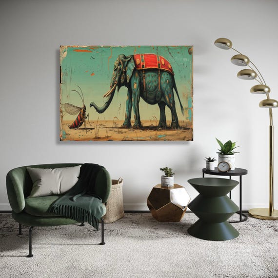 Vintage Elephant And Insect Canvas Art Decorated Animal Print Surreal Whimsical Painting Antique Look Colonial Style Wall Decor