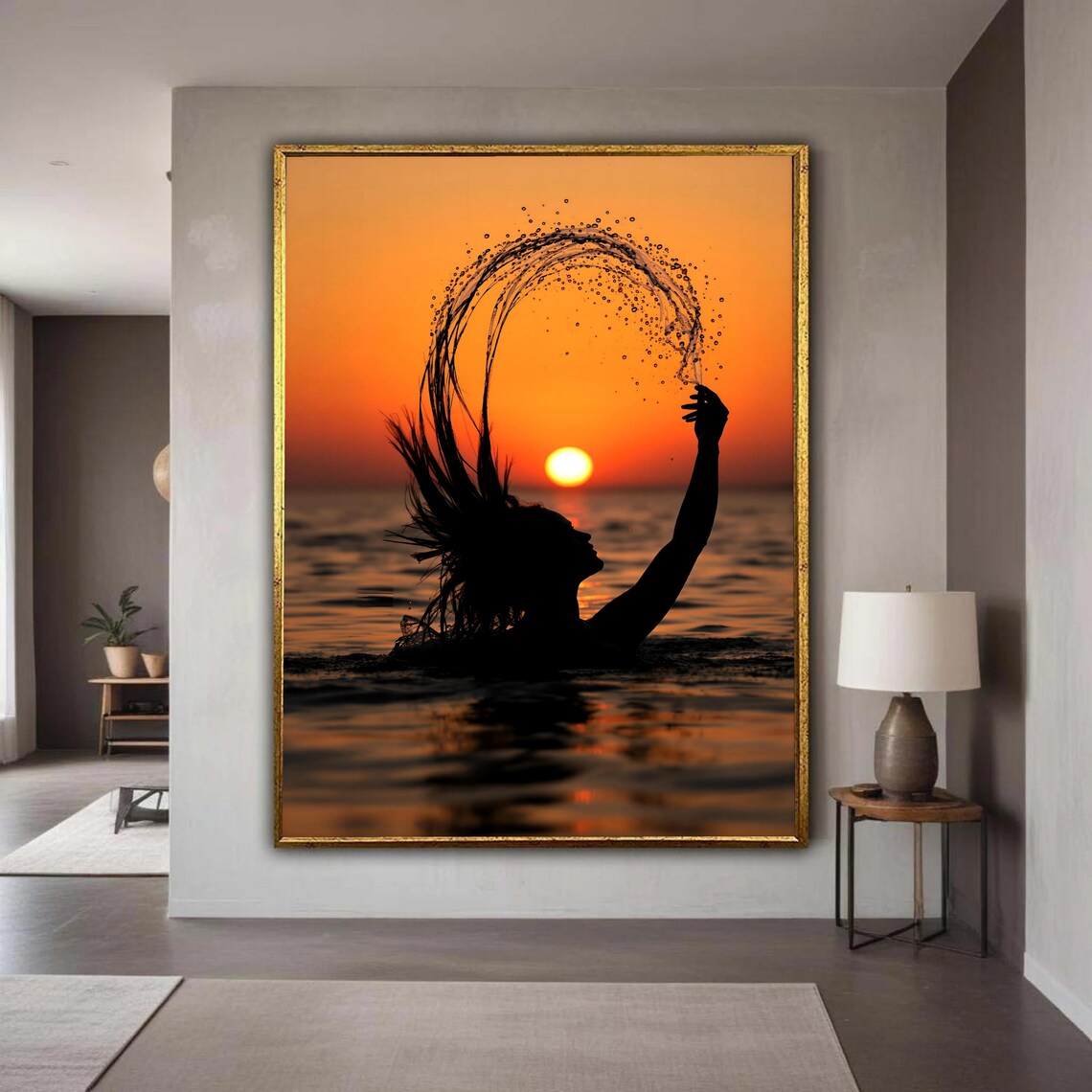 Woman Silhouette Sunset Ocean Hair Flip Water Splash Art Poster