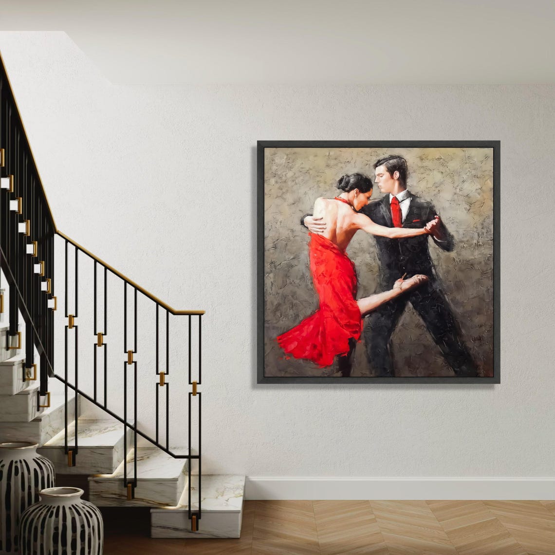 Passionate Tango Couple Red Dress Dramatic Lift Painting Poster