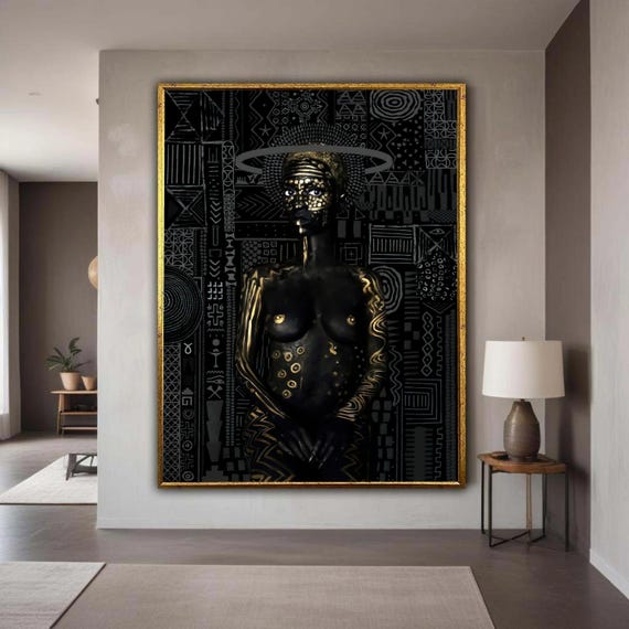 Black And Gold Body Art Canvas Tribal Abstract Nude Portrait Ethnic Wall Modern Contemporary Bold Gift Home Decor