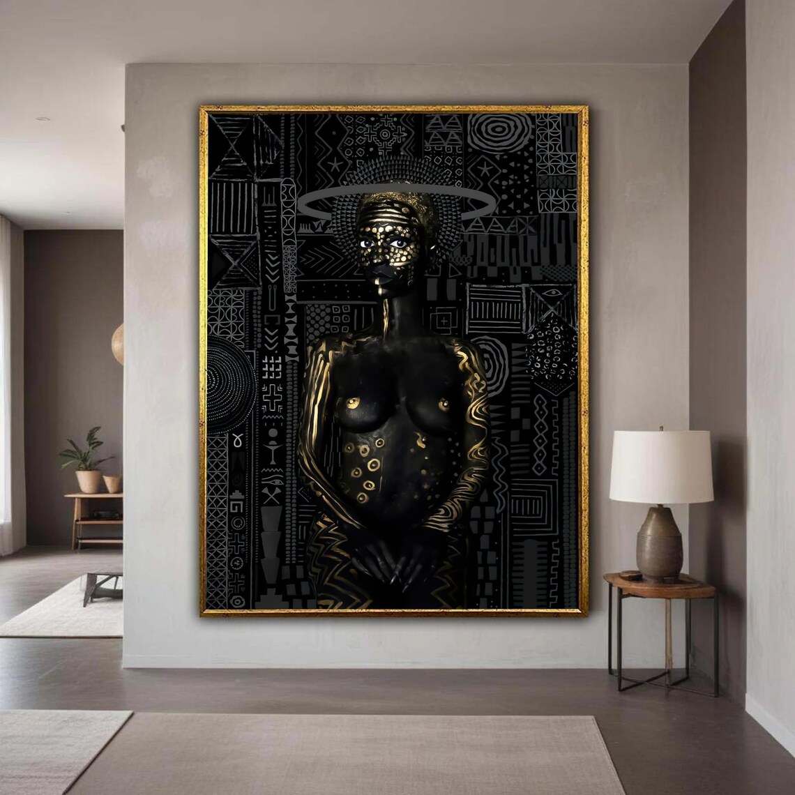 Black And Gold Tribal Woman With Painted Patterns Ethnic Art Poster