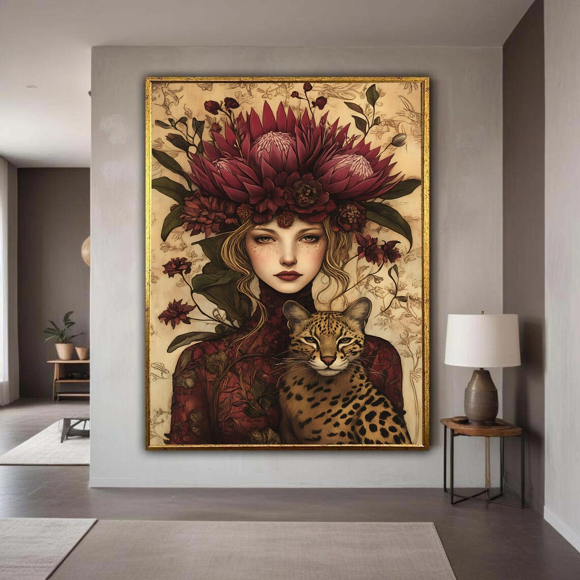 Woman With Protea Flower Crown Leopard Portrait Vintage Art Poster