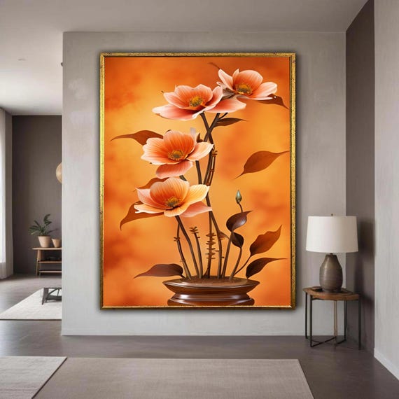 Elegant Peach Blossoms Canvas Floral Wall Art Decor Modern Vase Flower Painting Soft Orange Background Home Gift