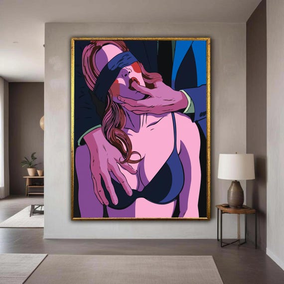 Sensual Blindfolded Woman Pop Art Erotic Couple Canvas Modern Intimate Wall Bold Colorful Illustration Bedroom Gift Home Decor