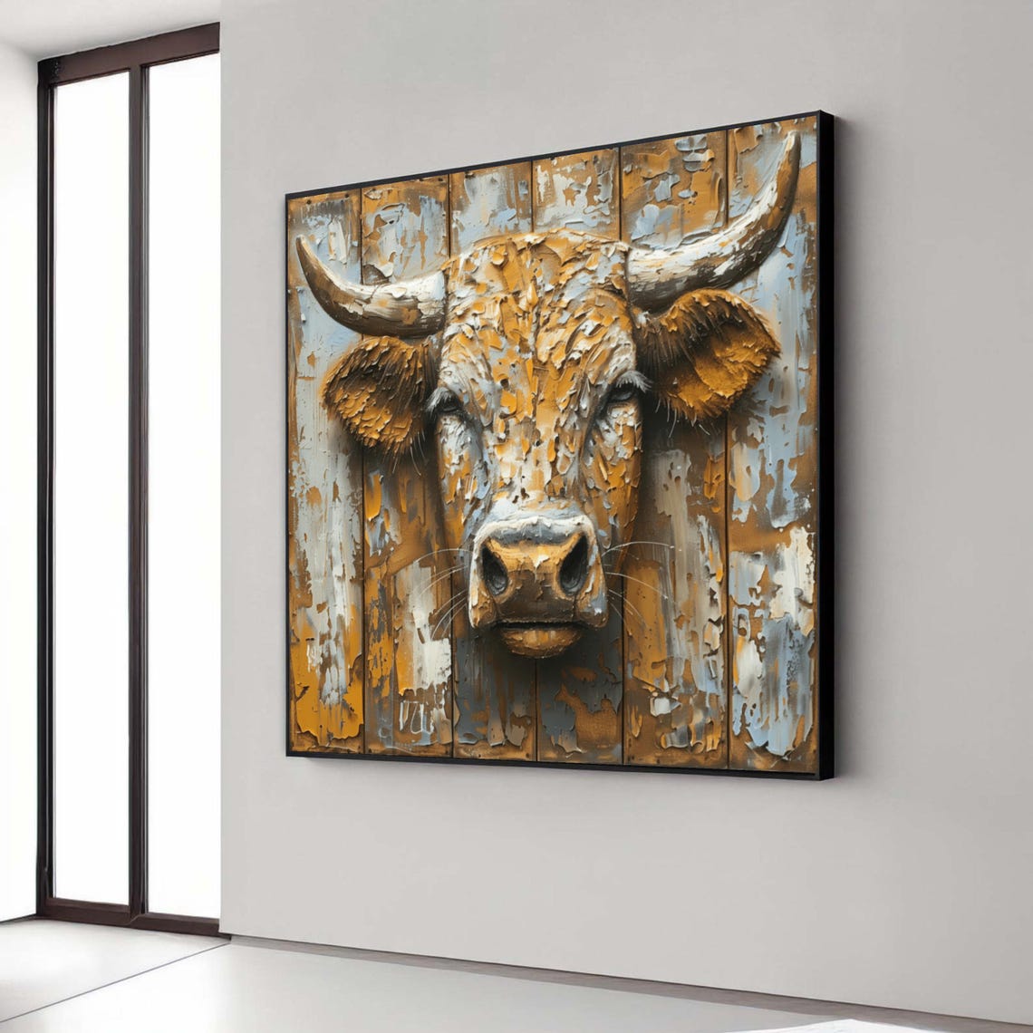 Longhorn Cow Head Textured Impasto Rustic Barn Wood Art Poster