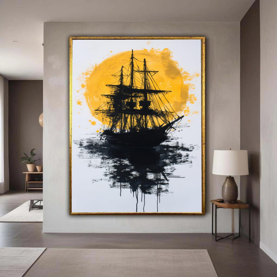 Minimalist Sailing Ship Canvas Print Black Silhouette Yellow Sun Art Modern Ink Painting Style Nautical Graphic Wall Decor