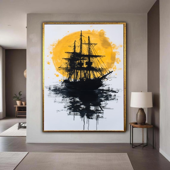 Black Sailing Ship Silhouette On Bold Yellow Sun Minimalist Canvas Poster