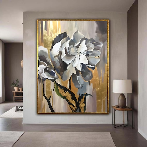 Elegant Abstract Floral Canvas Gold Accent Wall Art Modern Flower Painting Sophisticated Home Decor Ready To Hang Gift