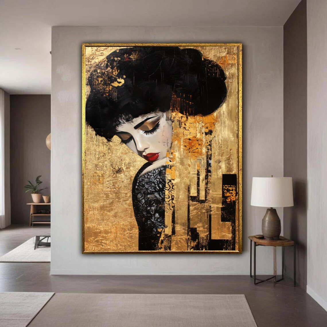 Gold Leaf Klimt Style Elegant Woman Portrait Modern Abstract Wall Art