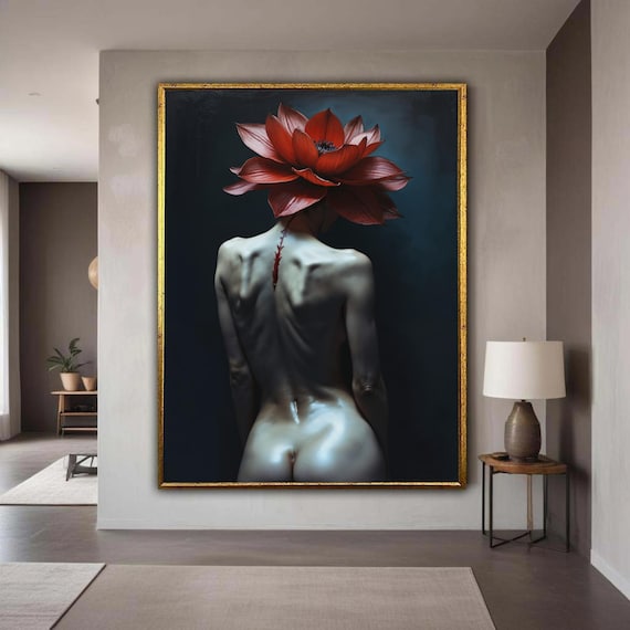 Surreal Nude Back Red Lotus Flower Head Dark Elegant Art Poster