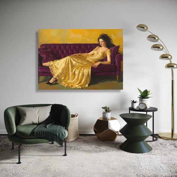 Elegant Woman In Golden Dress Canvas Vintage Style Portrait Wall Art Luxurious Home Decor Classic Glamour Gift
