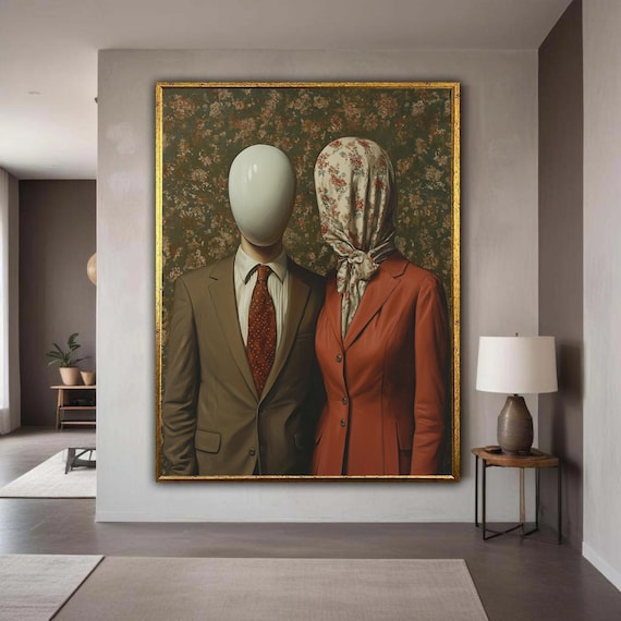 Surreal Couple Portrait Canvas Faceless Figures Wall Art Vintage Floral Pattern Abstract Expressionism Gift Home Decor
