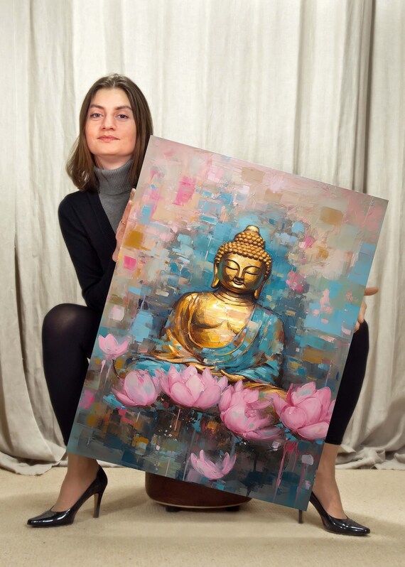 Golden Buddha Canvas Art Flower Painting Spiritual Wall Decor Abstract Artwork Meditation Zen Ready To Hang