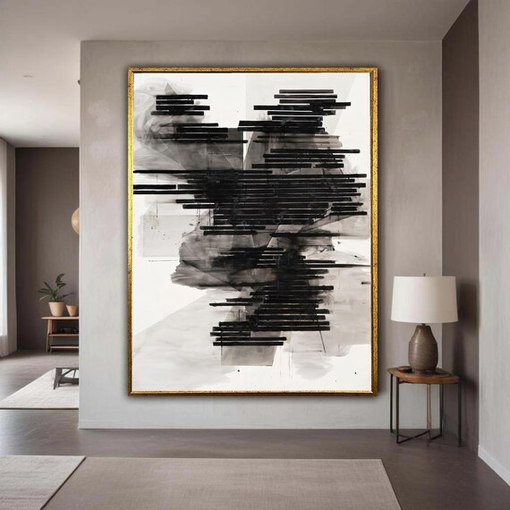 Modern Abstract Black Lines Canvas Geometric Ink Wash Art Monochrome Wall Decor Contemporary Minimalist Gift Home