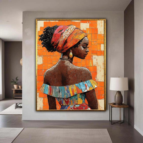 African Woman Colorful Headdress Canvas Mosaic Style Portrait Art Vibrant Cultural Wall Decor Modern Ethnic Beauty Print Gift