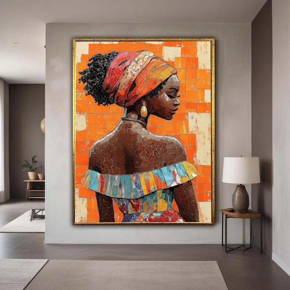African Woman Mosaic Portrait Orange Headwrap Colorful Cultural Art Poster