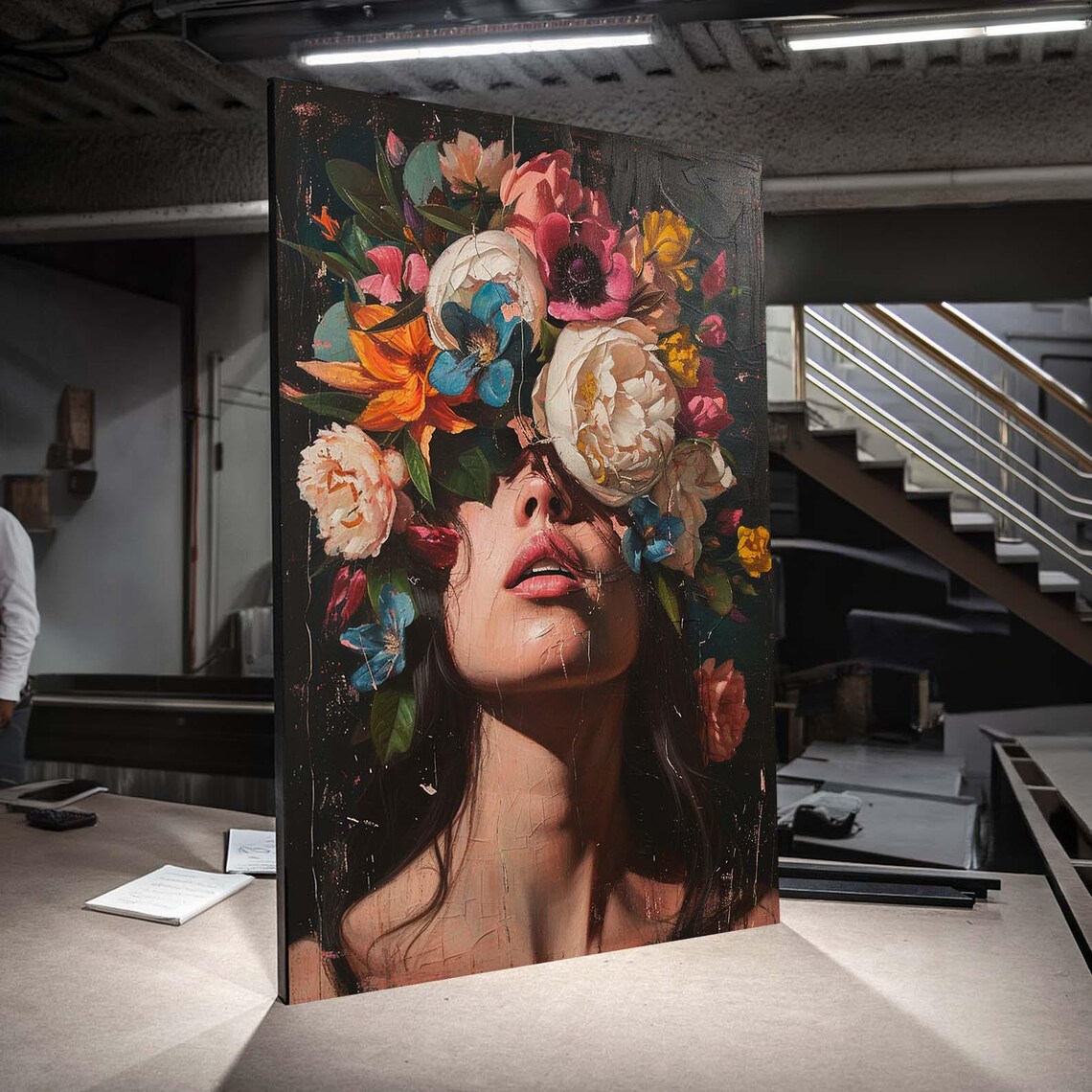 Woman Behind Colorful Peonies Bold Dark Floral Portrait Art Poster
