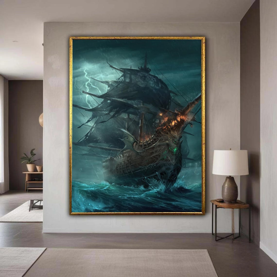 Haunted Ghost Ship In Lightning Storm Dark Fantasy Pirate Art Poster