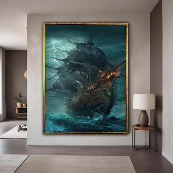 Dark Pirate Ship Canvas Wall Art Haunted Sailing Vessel Stormy Ocean Scene Fantasy Nautical Decor Moody Sea Gift Home