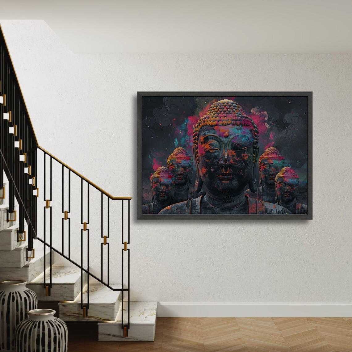 Cosmic Buddha Dark Galaxy Neon Statues Mystical Painting Poster