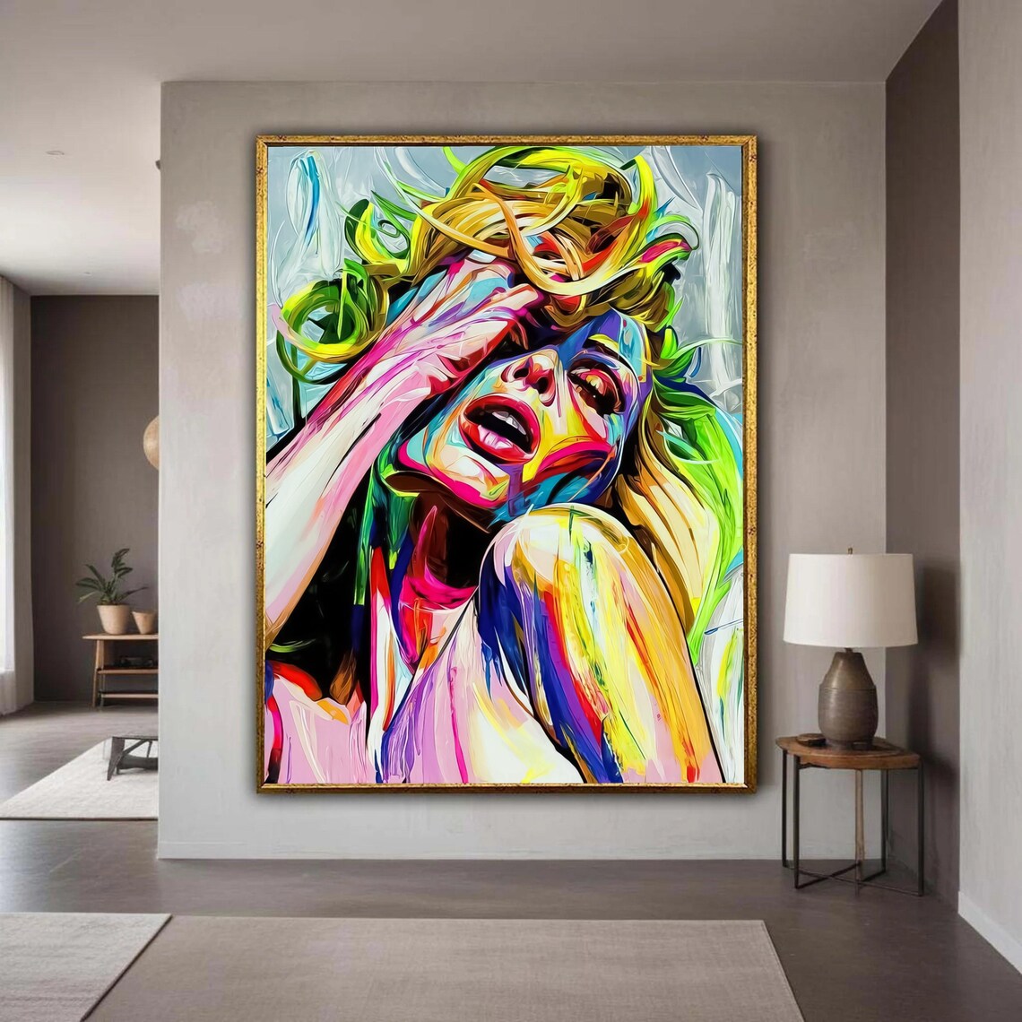 Vibrant Colorful Female Portrait Canvas Pop Art Wall Decor Abstract Expressionism Modern Artistic Face Gift Home