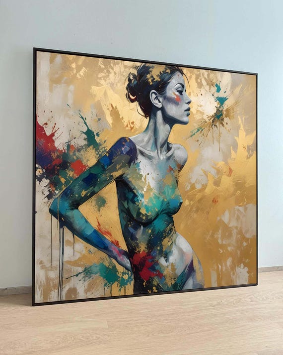 Abstract Female Silhouette Art Color Splash Nude Portrait Modern Expressionist Canvas Vibrant Wall Ready To Hang Decor
