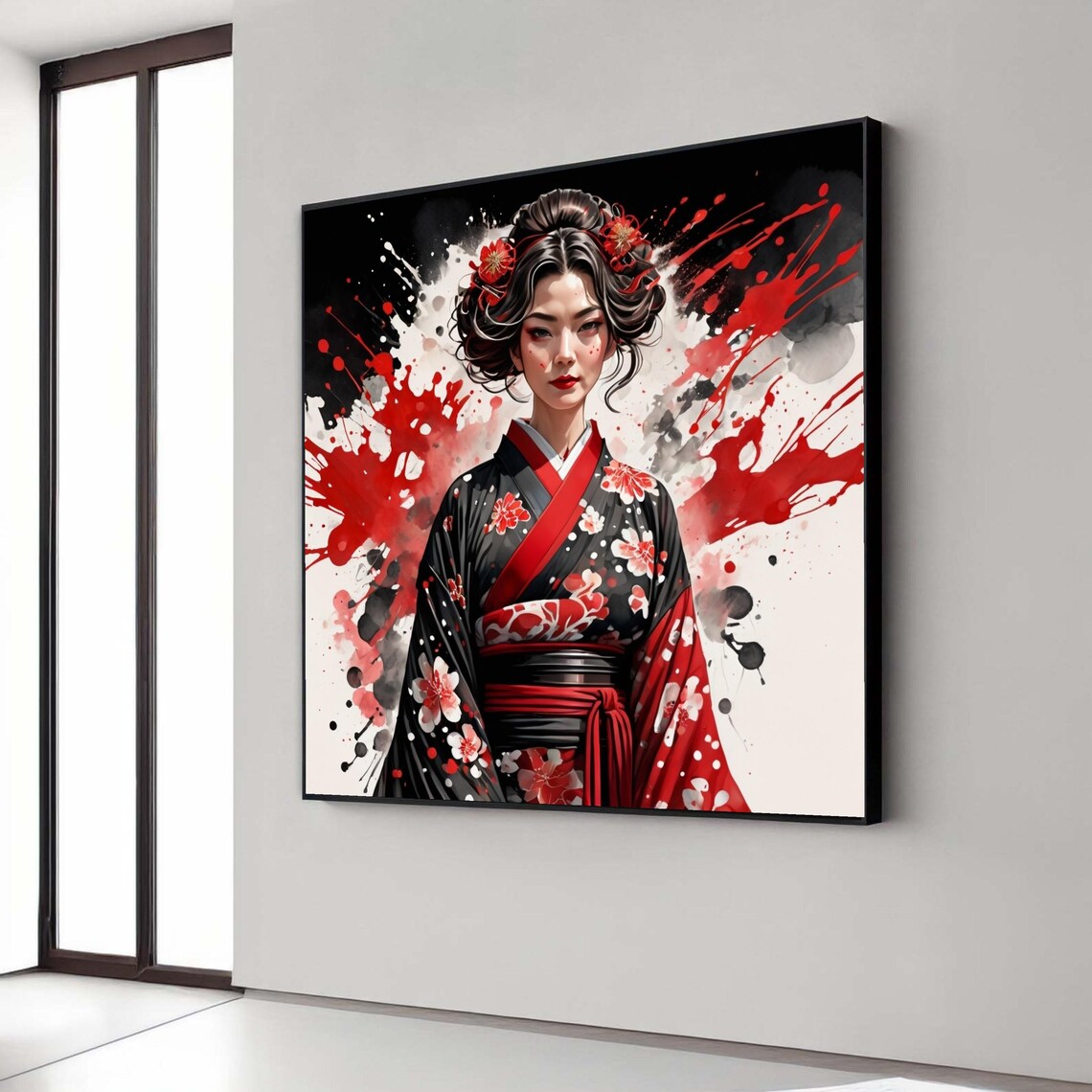 Geisha In Black And Red Kimono With Bold Ink Splash Artwork Poster