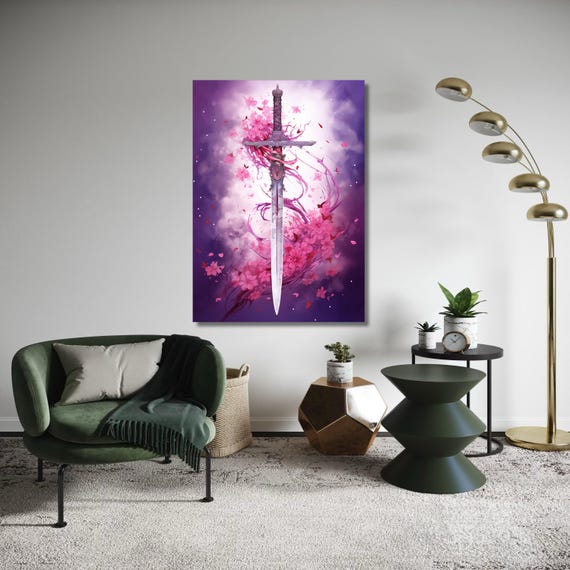 Elegant Sword With Cherry Blossom Fantasy Weapon Canvas Floral Wall Art Artistic Battle Scene Mystical Gift Home Decor