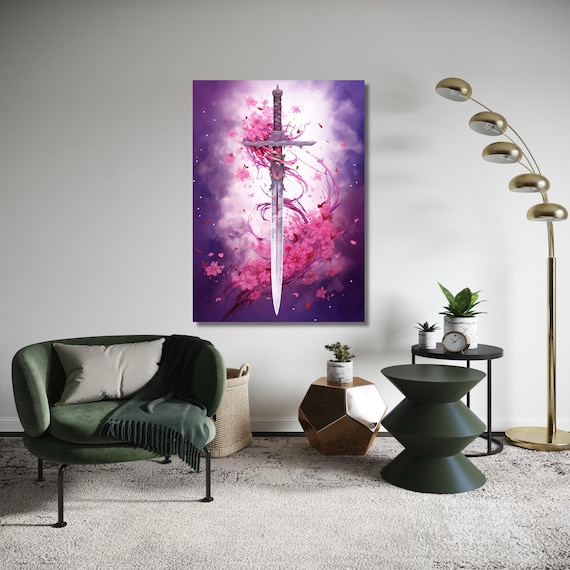 Fantasy Sword Pink Cherry Blossom Purple Floral Weapon Art Wall Print