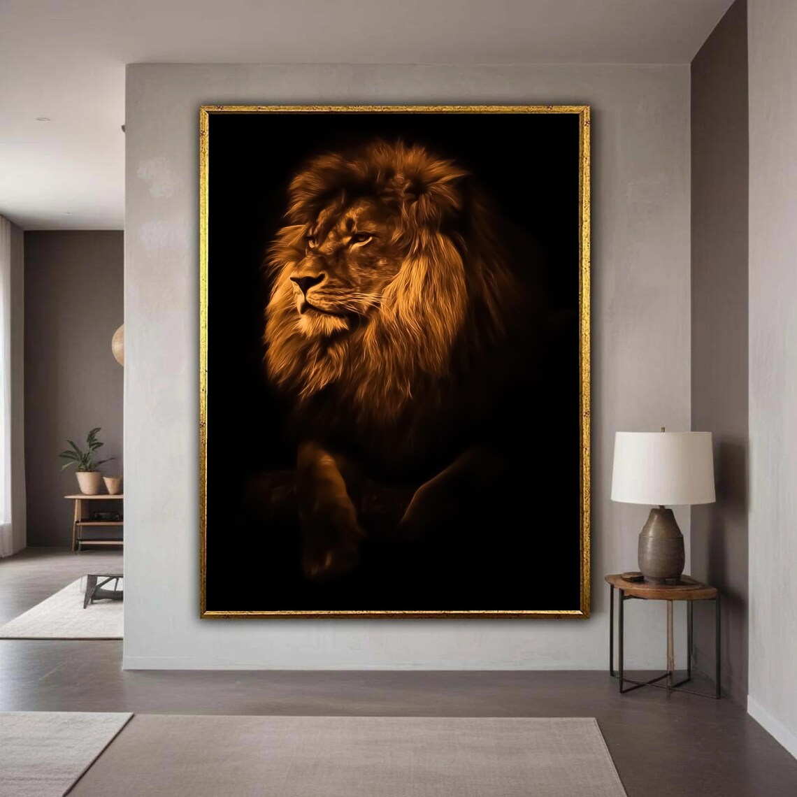 Majestic Lion Bathed in Golden Light Against Dark Background Poster