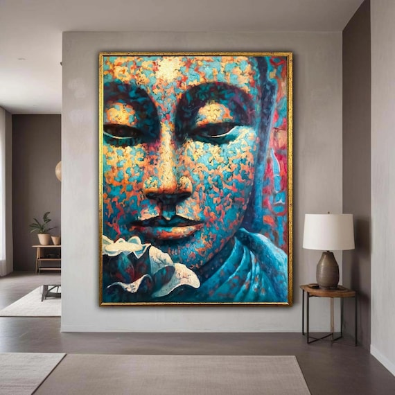 Serene Buddha Face Canvas Abstract Meditation Art Colorful Spiritual Wall Decor Zen Print Home Relaxation Gift