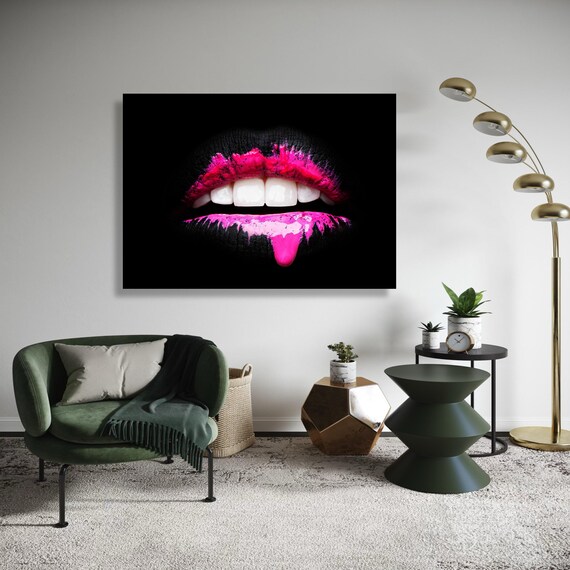 Black Lips Dripping Neon Pink Paint Modern Glam Beauty Art Poster