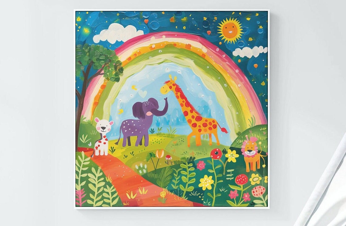 Safari Animals Under a Rainbow Bright Colorful Kids Room Poster - Image 3