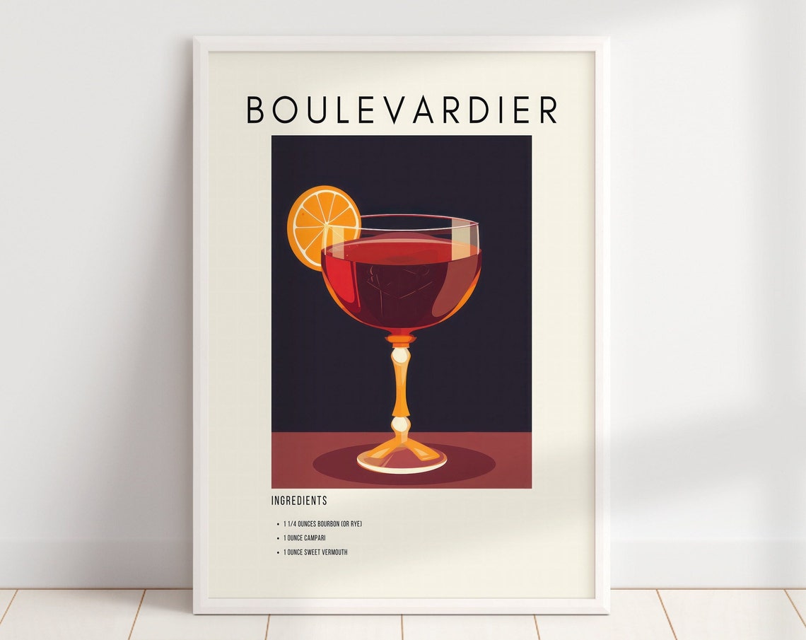Boulevardier Classic Cocktail Recipe Retro Minimalist Bar Decor Print