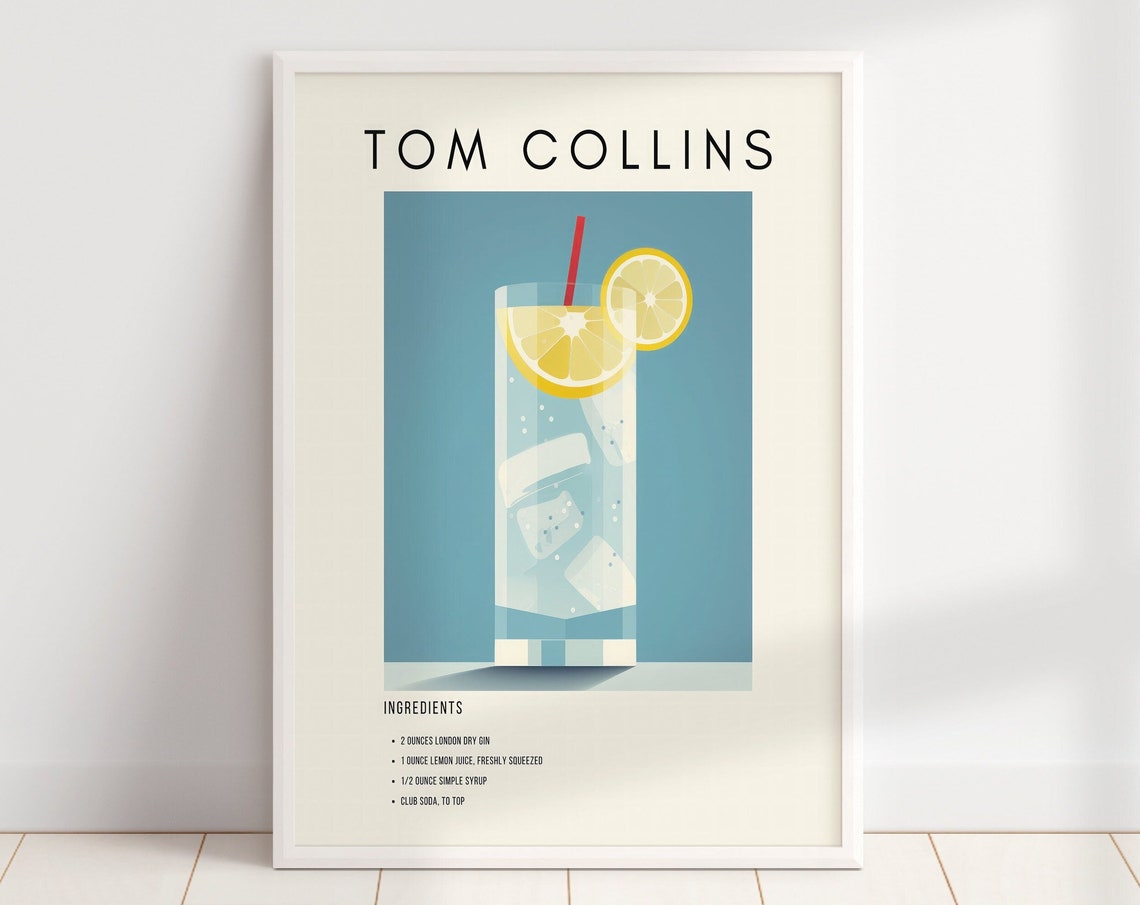 Tom Collins Classic Cocktail Recipe Retro Minimalist Bar Decor Print