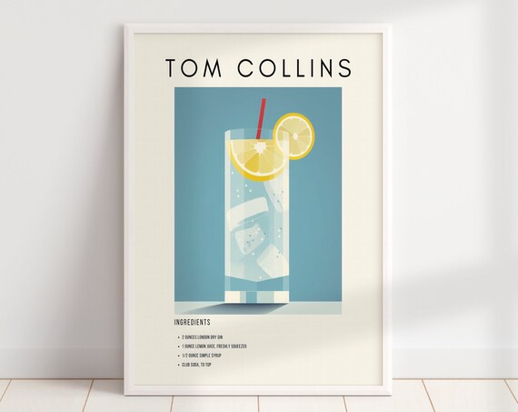 Tom Collins Classic Cocktail Recipe Retro Minimalist Bar Decor Print